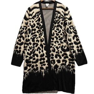 Chicos Animal Print Open Front Long Cardigan Womens Large Preppy Modest Mob Wife
